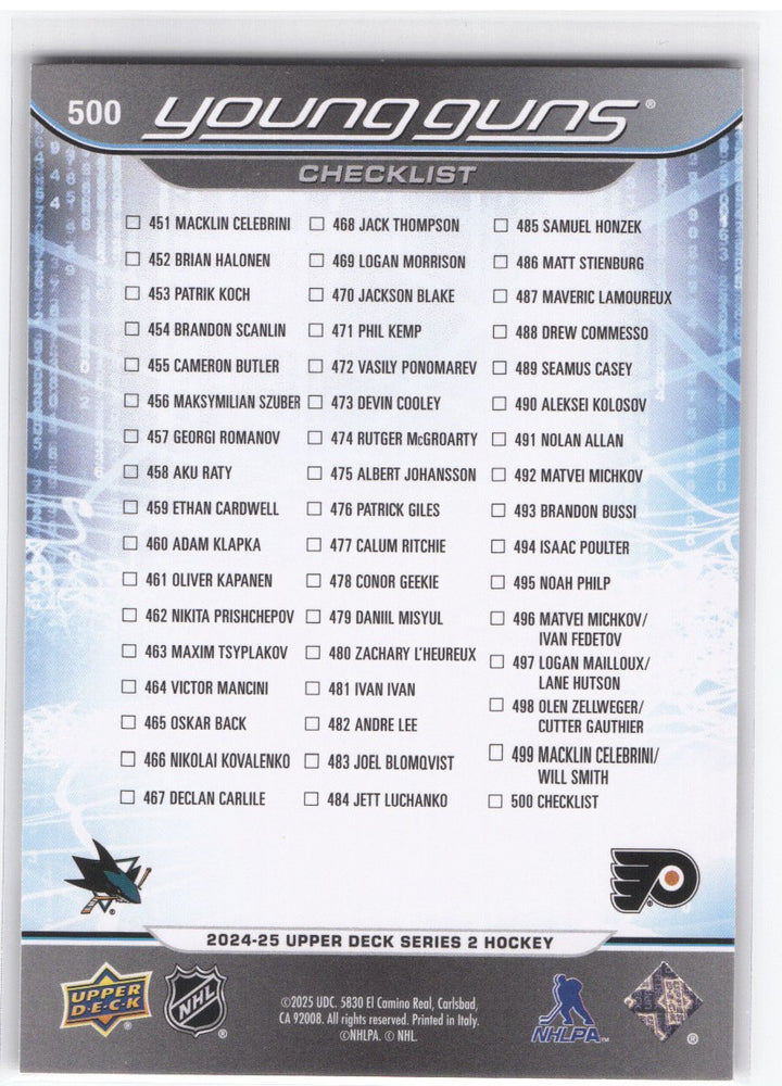 2024-25 Upper Deck Series 2 Young Guns Checklist #500 Rookie Rc Macklin Celebrini Matvei Michkov