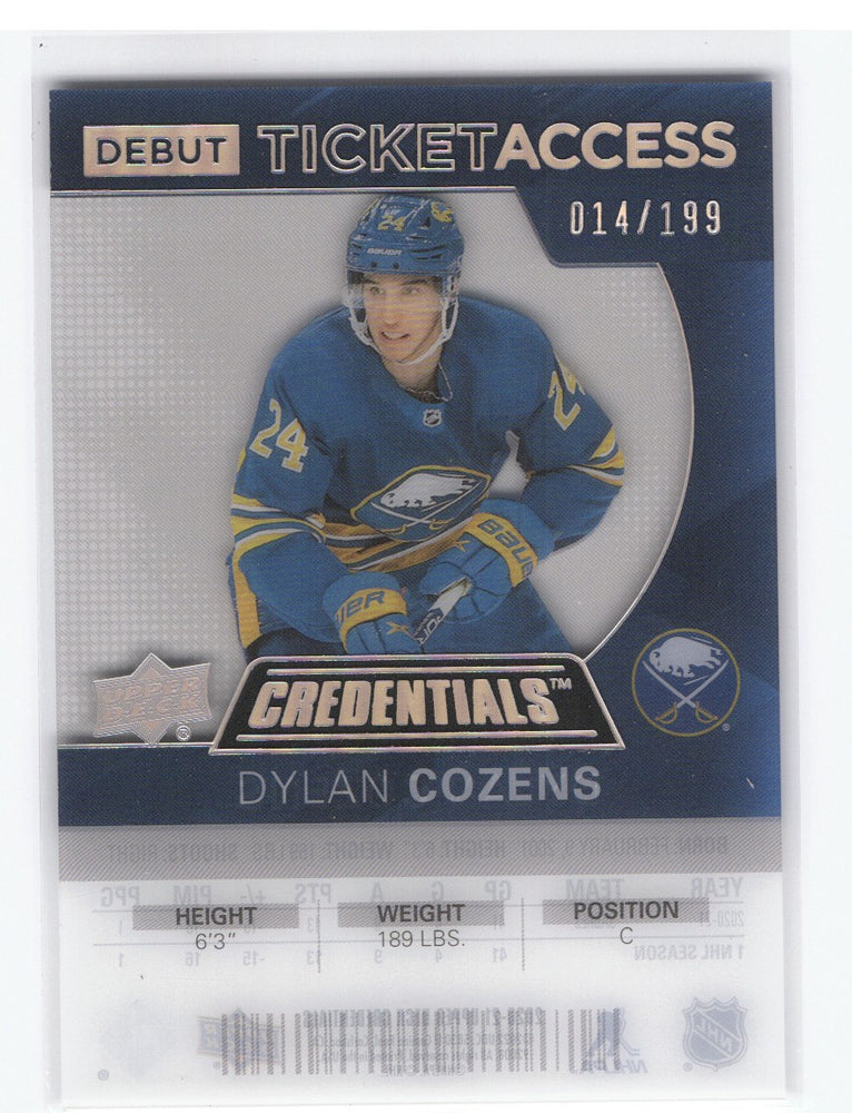 2020-21 Upper Deck Credentials Debut Ticket Access Rta-Dc Rookie Rc Dylan Cozens /199