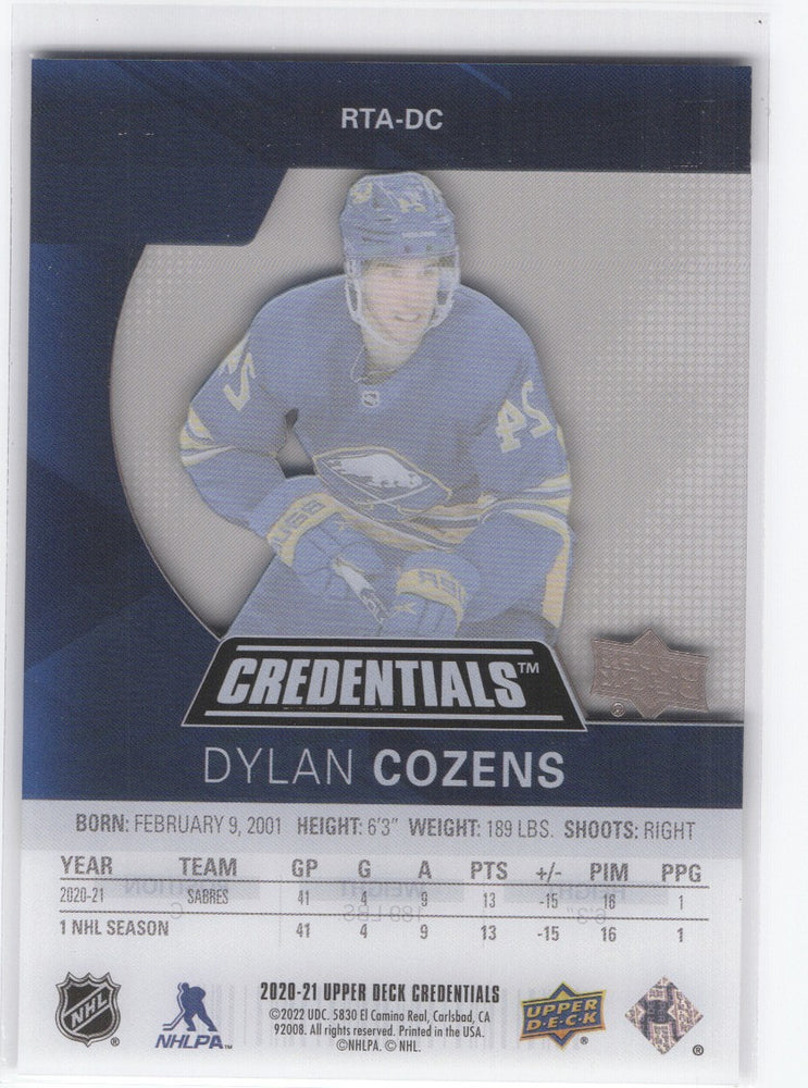 2020-21 Upper Deck Credentials Debut Ticket Access Rta-Dc Rookie Rc Dylan Cozens /199