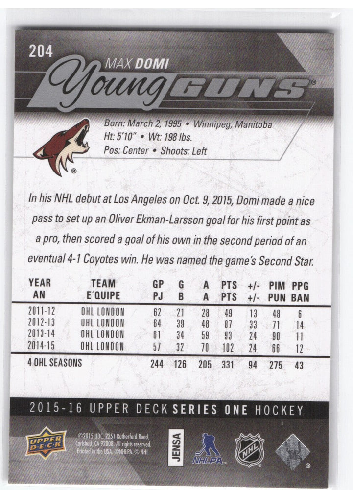 2015-16 Upper Deck Series 1 Young Guns #204 Rookie Rc Max Domi