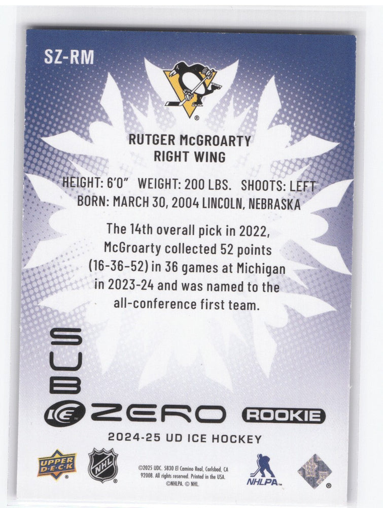 2024-25 Upper Deck Ud Ice Hockey Sub Zero Sz-Rm Rookie Rc Rutger Mcgroarty /499