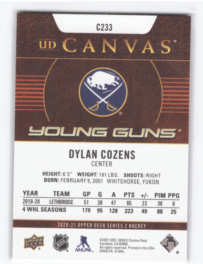 2020-21 Upper Deck Series 2 Young Guns Ud Canvas C233 Rookie Rc Dylan Cozens