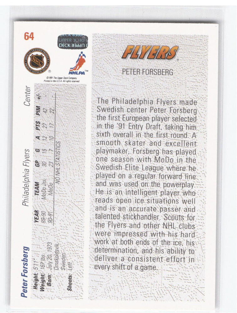 1991 Upper Deck 1991 Draft Choice #64 Rookie Rc Peter Forsberg
