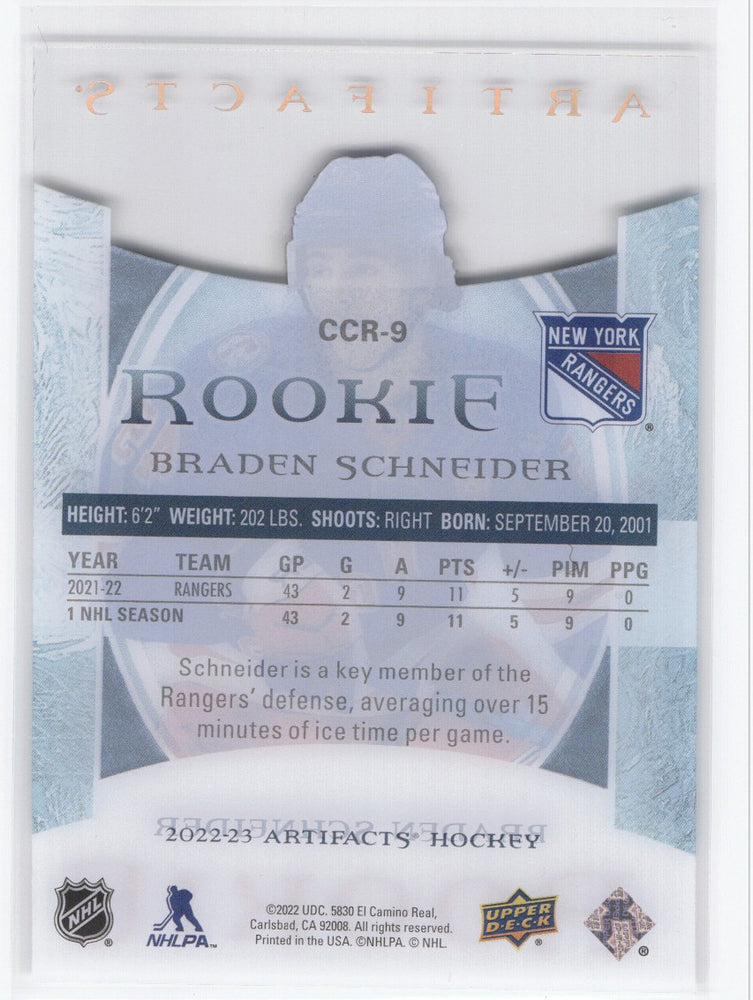 2022-23 Upper Deck Artifacts Rookie Clear Cut Ccr-9 Rookie Rc Braden Schneider
