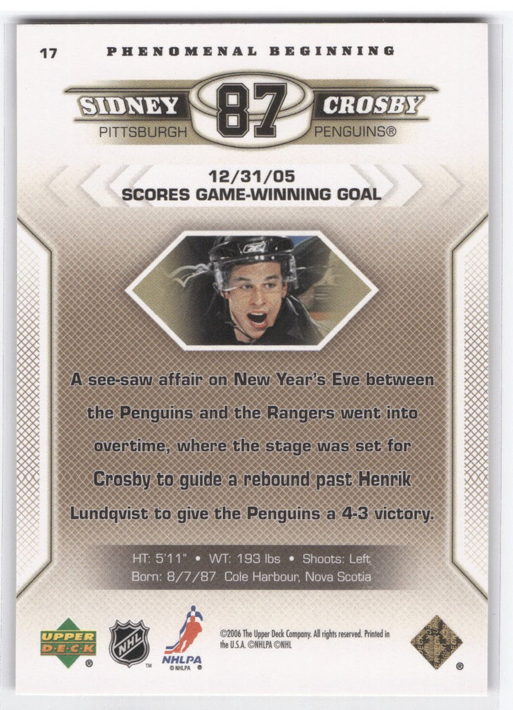2006 Upper Deck Phenomenal Beginning Scores Game-Winning Goal #17 Rookie Rc Sidney Crosby