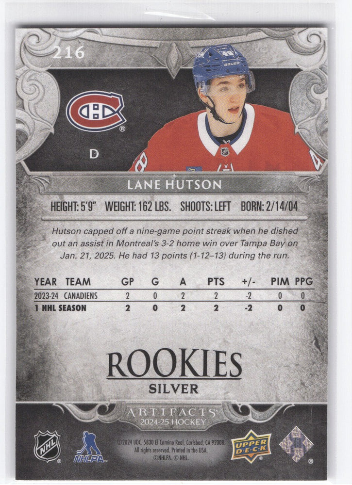 2024-25 Upper Deck Artifacts Rookies #216 Rookie Rc Lane Hutson /899