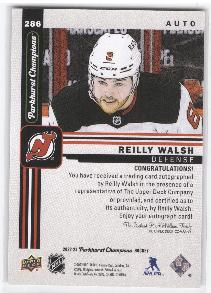 2022-23 Upper Deck Parkhurst Champions Rookie Auto #286 Rookie Rc Reilly Walsh