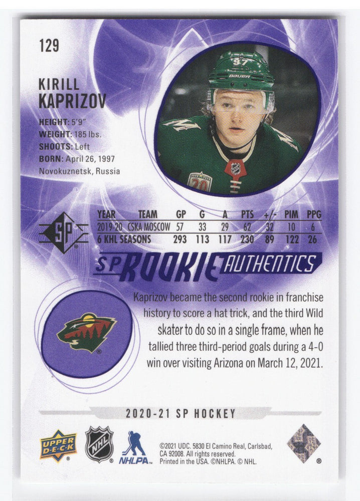2020-21 Upper Deck Sp Hockey Sp Rookie Authentics #129 Rookie Rc Kirill Kaprizov /99