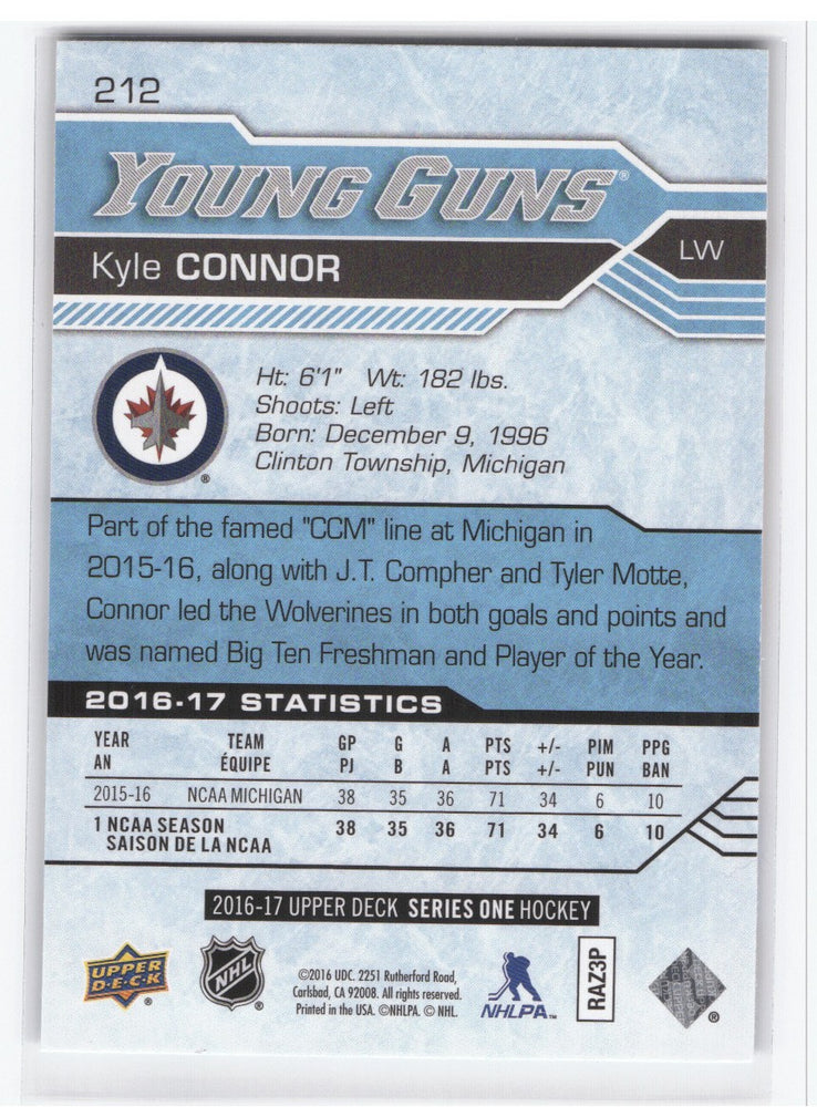 2016-17 Upper Deck Series 1 Young Guns 212 Rookie Rc Kyle Connor