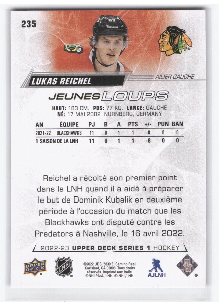 2022-23 Upper Deck Series 1 Young Guns (Jeunes Loups) #235 Rookie Rc Lukas Reichel