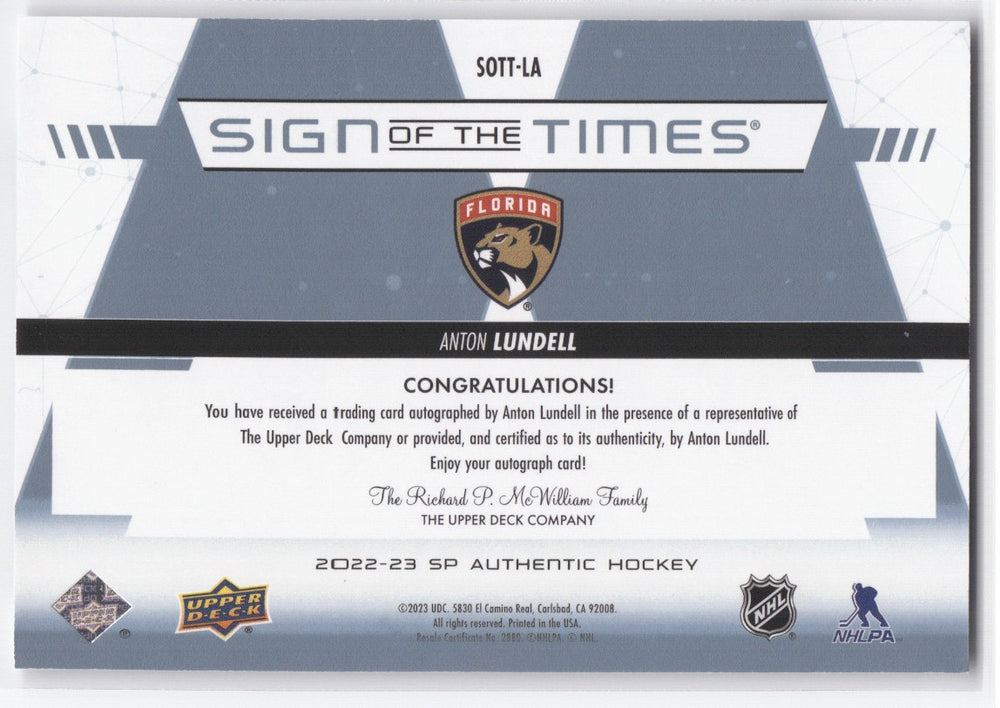 2022-23 Upper Deck Sp Authentic Sign Of The Times Sott-La Auto Anton Lundell