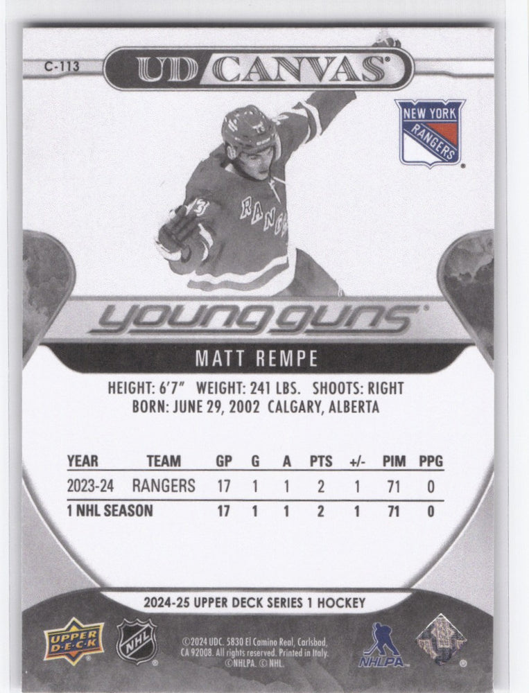 2024-25 Upper Deck Series 1 Young Guns Ud Canvas Black And White C-113 Rookie Rc Matt Rempe