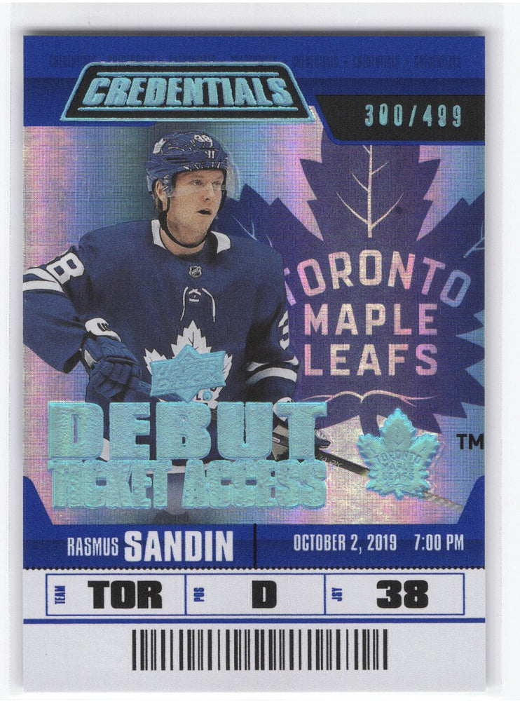 2019-20 Upper Deck Credentials Debut Ticket Access #127 Rookie Rc Rasmus Sandin /499