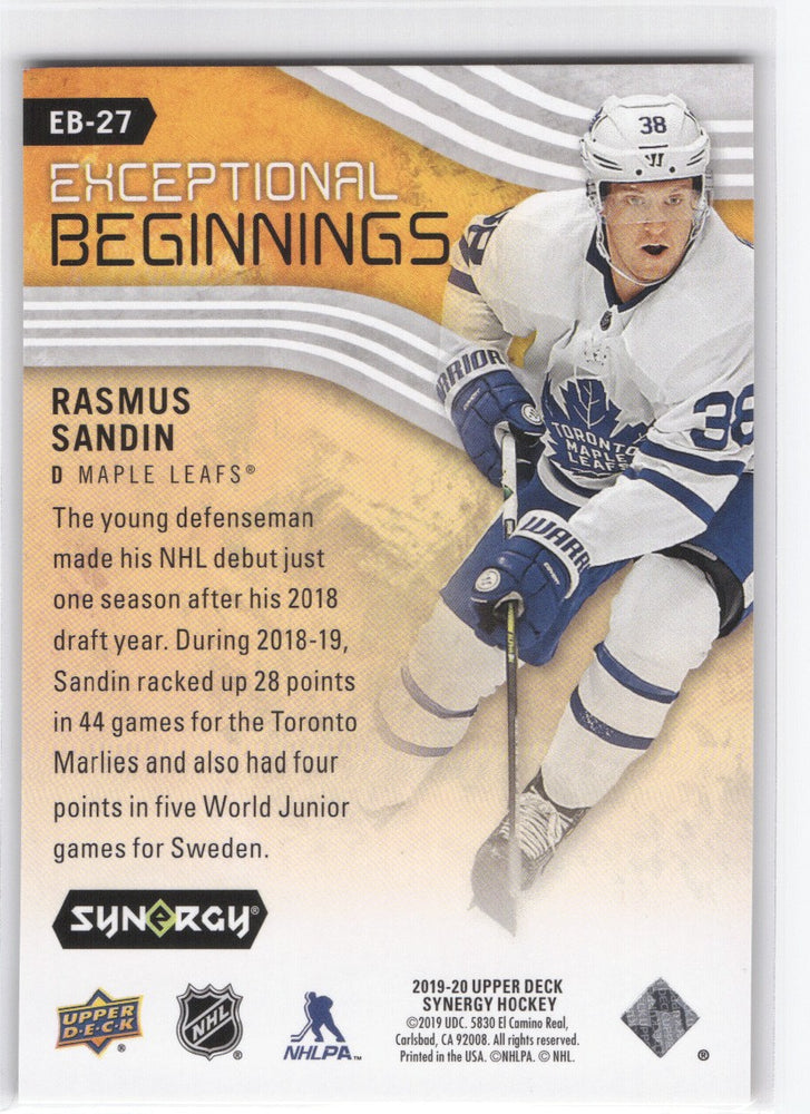2019-20 Upper Deck Synergy Exceptional Beginnings Eb-27 Rookie Rc Rasmus Sandin /399