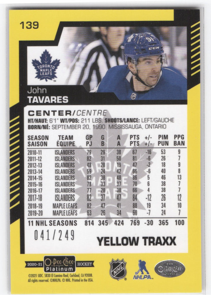2020-21 Upper Deck O-Pee-Chee Platinum Yellow Traxx #139 John Tavares /249