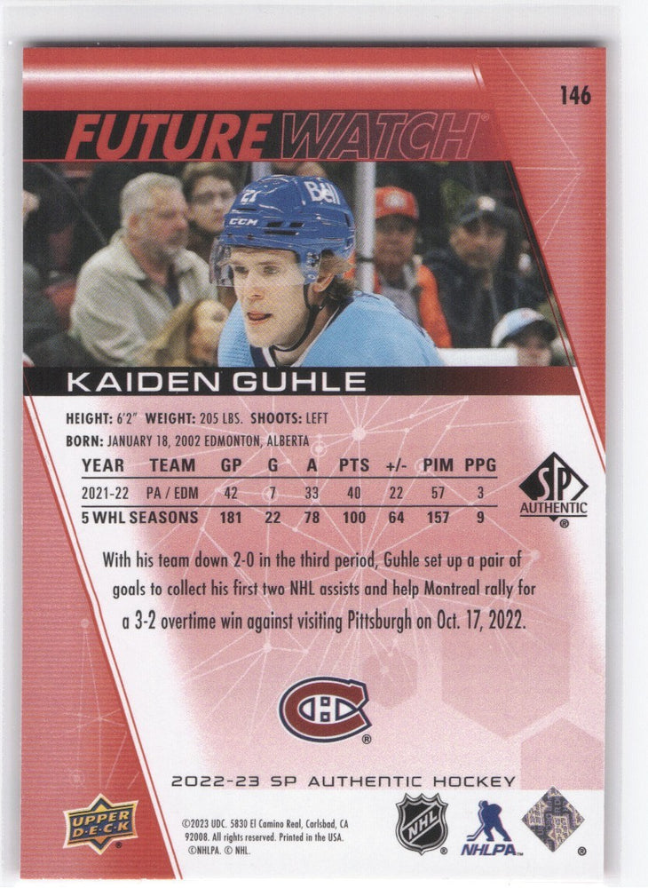 2022-23 Upper Deck Sp Authentic Future Watch Limited #146 Rookie Rc Kaiden Guhle