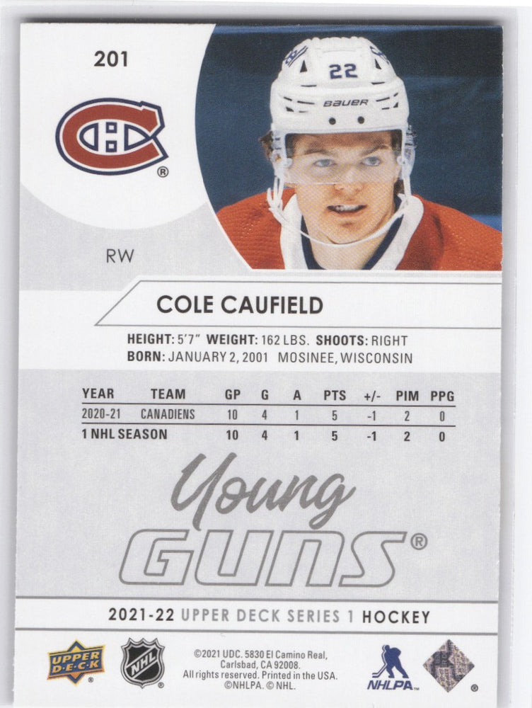 2021-22 Upper Deck Series 1 Young Guns #201 Rookie Rc Cole Caufield