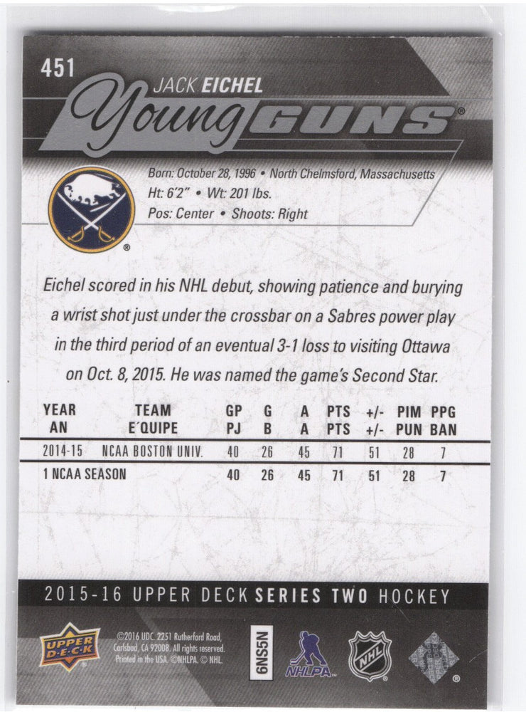 2015-16 Upper Deck Series 2 Young Guns #451 Rookie Rc Jack Eichel