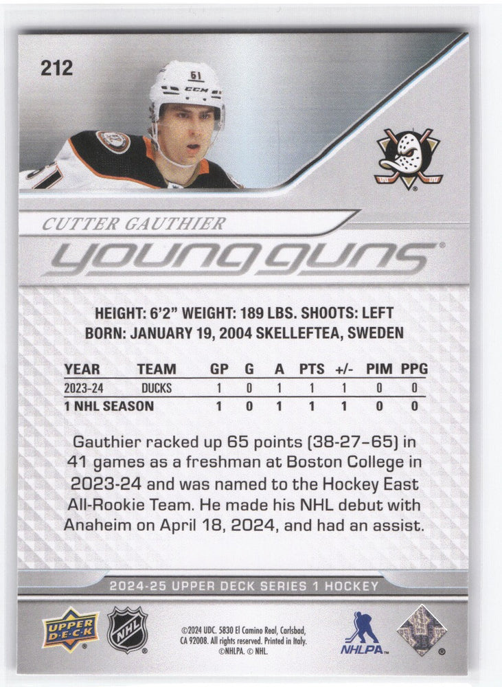 2024-25 Upper Deck Series 1 Young Guns #212 Rookie Rc Cutter Gauthier