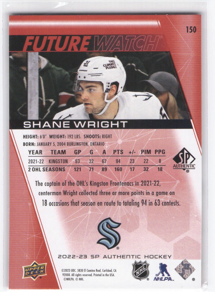 2022-23 Upper Deck Sp Authentic Future Watch Limited #150 Rookie Rc Shane Wright