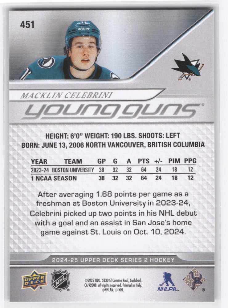 2024-25 Upper Deck Series 2 Young Guns #451 Rookie Rc Macklin Celebrini