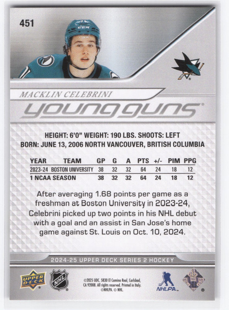 2024-25 Upper Deck Series 2 Young Guns #451 Rookie Rc Macklin Celebrini