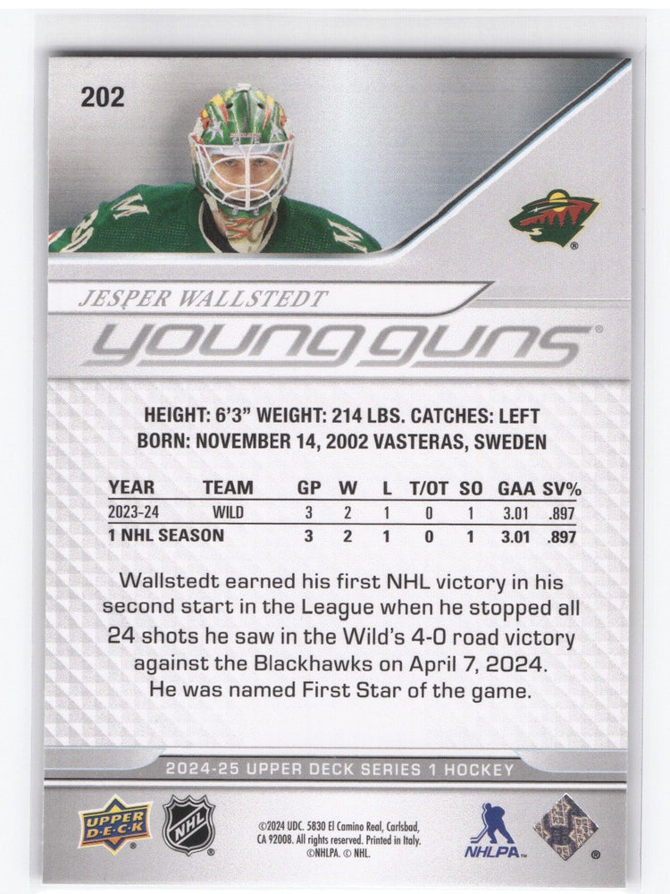 2024-25 Upper Deck Series 1 Young Guns #202 Rookie Rc Jesper Wallstedt