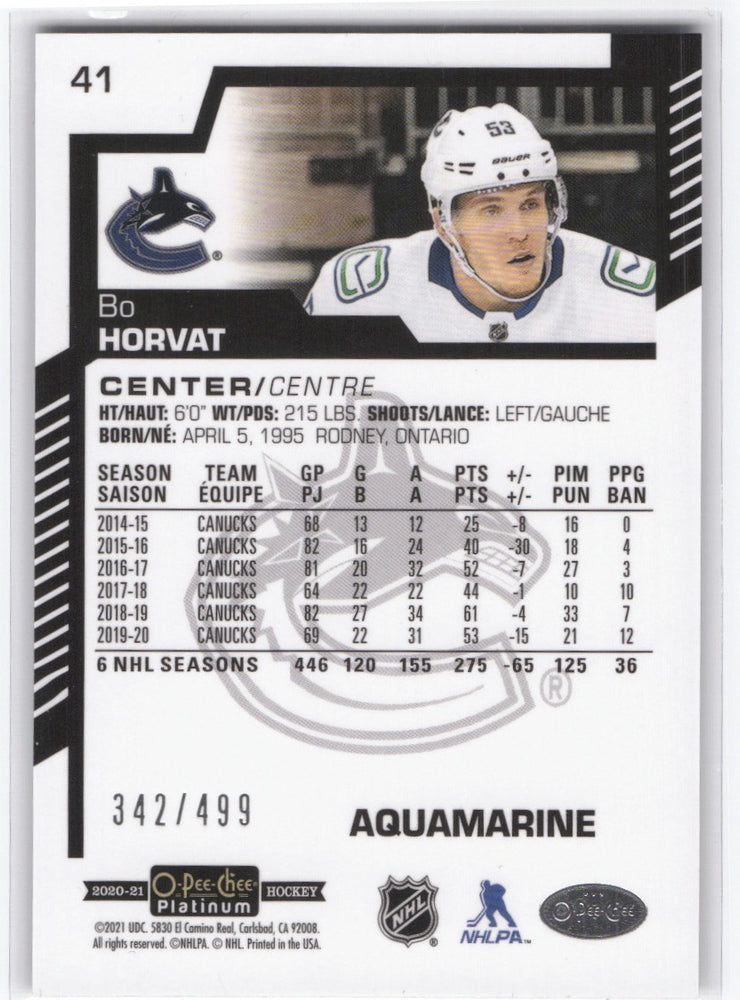 2020-21 Upper Deck O-Pee-Chee Platinum Aquamarine #41 Bo Horvat /499