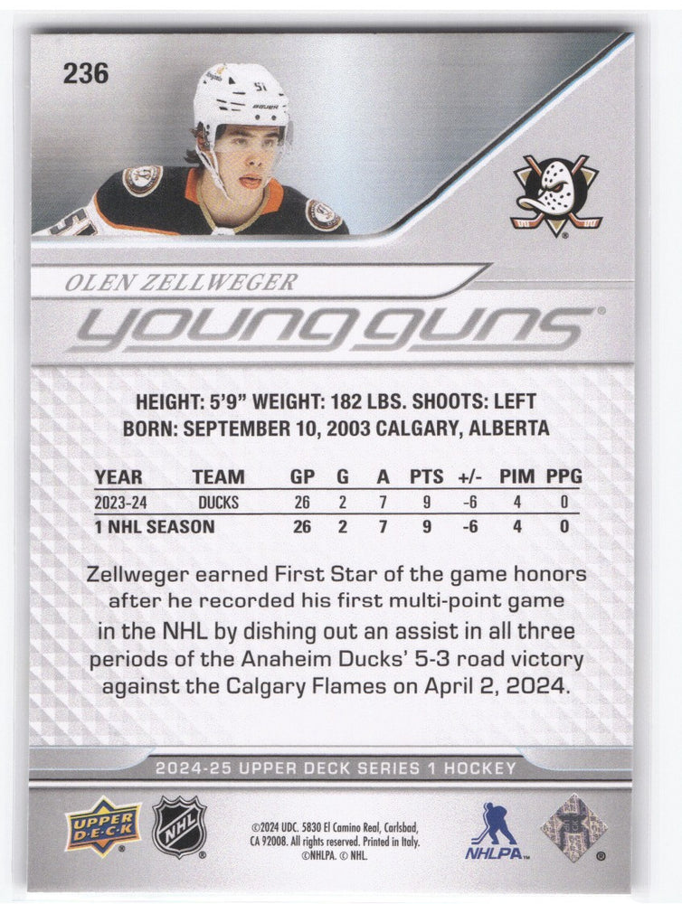 2024-25 Upper Deck Series 1 Young Guns #236 Rookie Rc Olen Zellweger