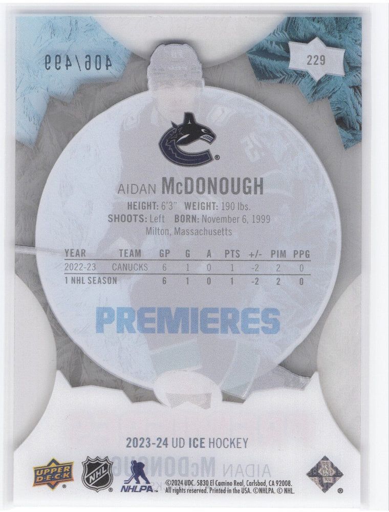 2023-24 Upper Deck Ud Ice Hockey Premieres Clear #229 Rookie Rc Aidan Mcdonough /499
