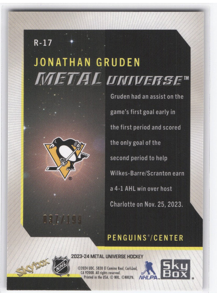 2023-24 Skybox Metal Universe Hockey Metal Universe Rookie R-17 Rookie Rc Jonathan Gruden /199