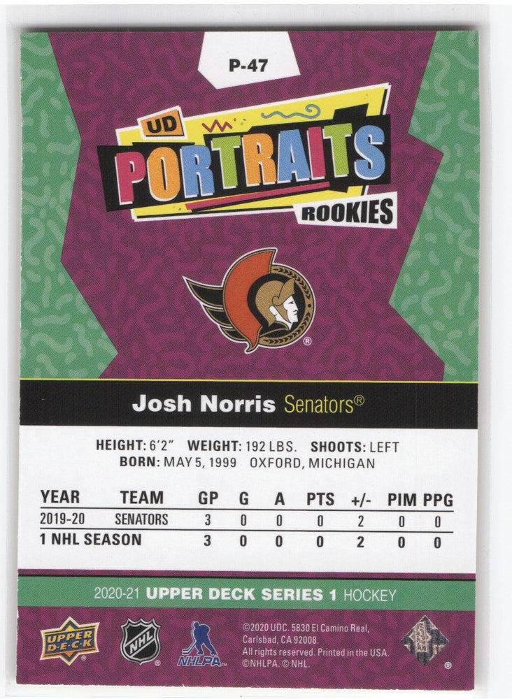 2020-21 Upper Deck Series 1 Ud Portraits Rookies Yellow /99 P-47 Rookie Rc Josh Norris /99