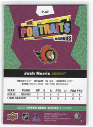 2020-21 Upper Deck Series 1 Ud Portraits Rookies Yellow /99 P-47 Rookie Rc Josh Norris /99