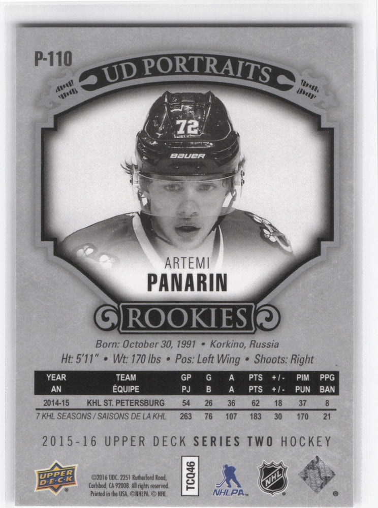 2015-16 Upper Deck Series 2 Ud Portraits Rookies P-110 Rookie Rc Artemi Panarin