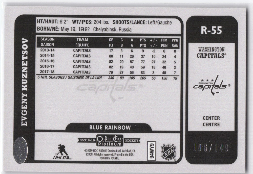 2018-19 Upper Deck O-Pee-Chee Platinum Blue Rainbow R-55 Evgeny Kuznetsov /149