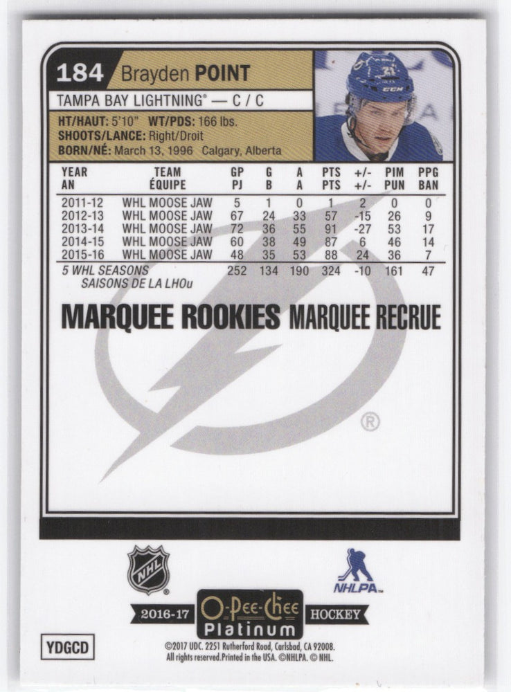 2016-17 Upper Deck O-Pee-Chee Platinum Marquee Rookies #184 Rookie Rc Brayden Point