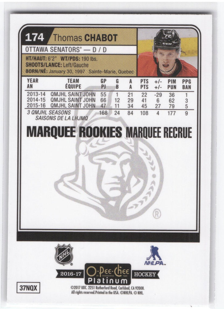 2016-17 Upper Deck O-Pee-Chee Platinum Marquee Rookies #174 Rookie Rc Thomas Chabot