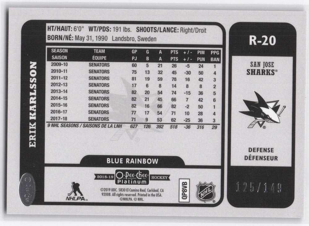 2018-19 Upper Deck O-Pee-Chee Platinum Blue Rainbow R-20 Erik Karlsson /149