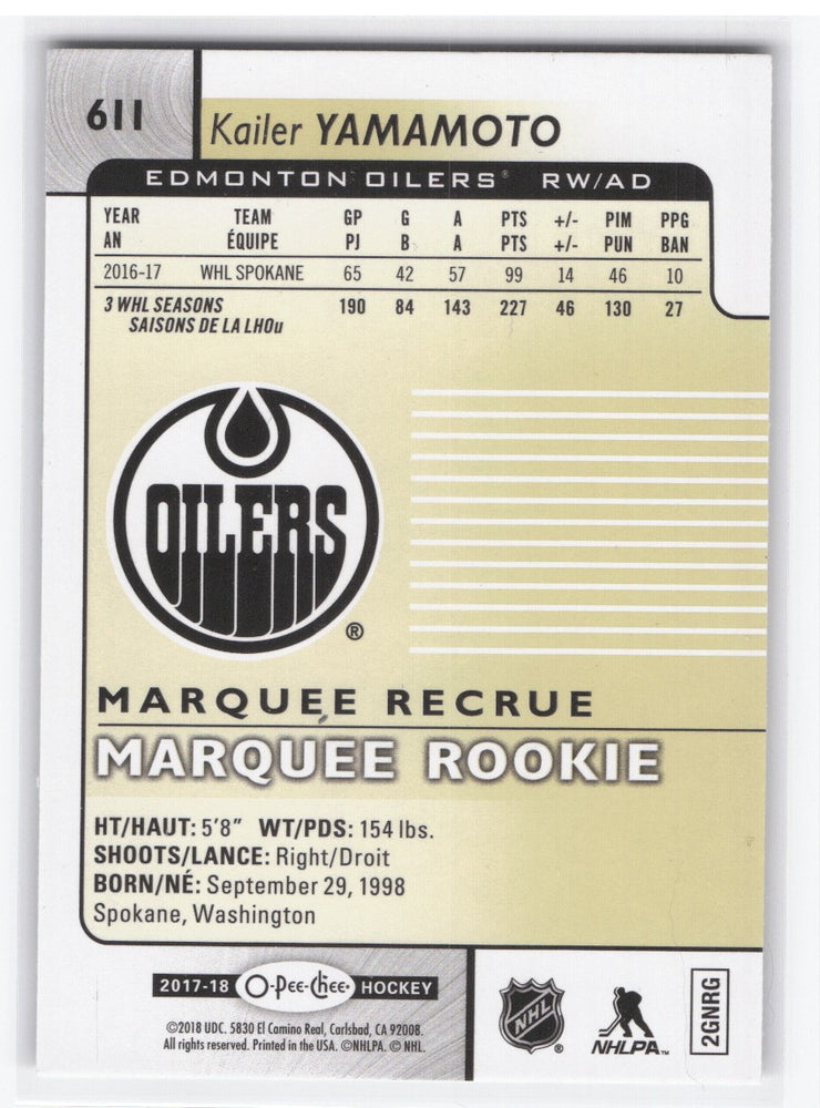 2017-18 Upper Deck O-Pee-Chee Marquee Rookie #611 Rookie Rc Kailer Yamamoto