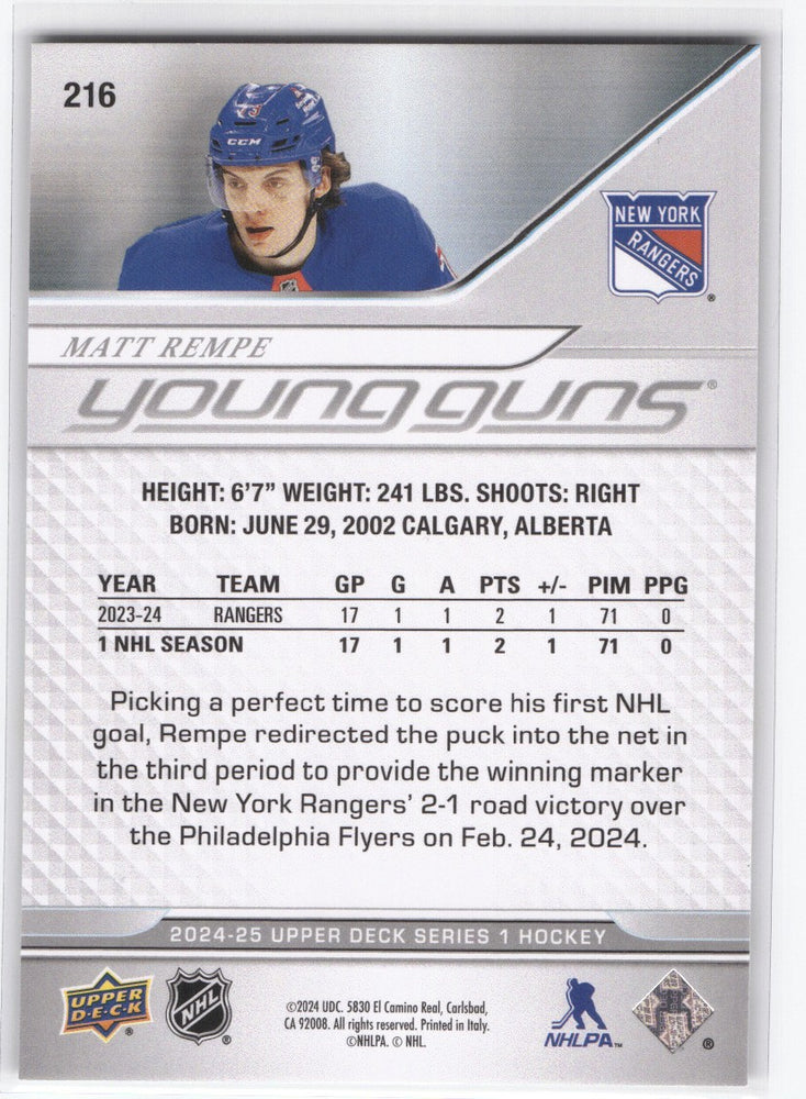 2024-25 Upper Deck Series 1 Young Guns #216 Rookie Rc Matt Rempe
