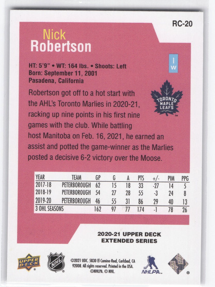 2020-21 Upper Deck Extended Rookie Class Rc-20 Rookie Rc Nick Robertson