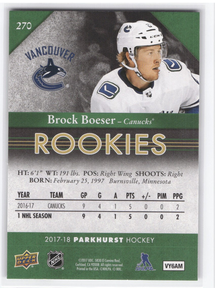 2017-18 Upper Deck Parkhurst Parkhurst Rookies #270 Rookie Rc Brock Boeser