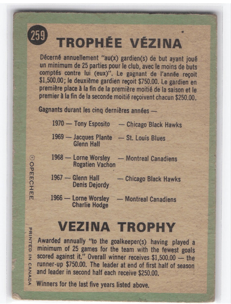 1970 O-Pee-Chee Trophies #259 Vezina Trophy