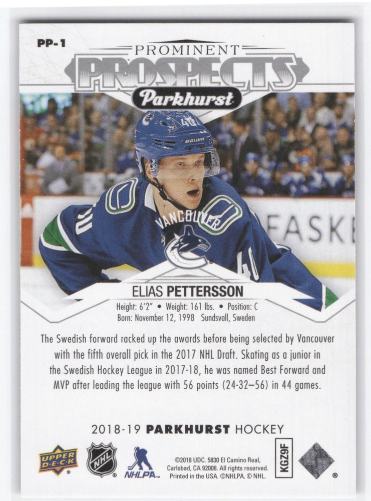 2018-19 Upper Deck Parkhurst Hockey Prominent Prospects Pp-1 Rookie Rc Elias Pettersson