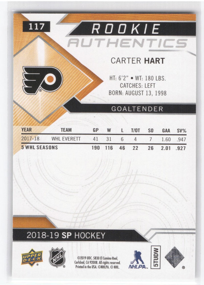 2018-19 Upper Deck Sp Hockey Rookie Authentics #117 Rookie Rc Carter Hart /1199