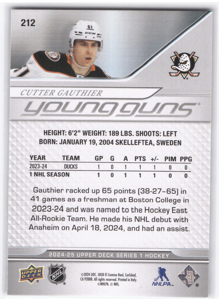 2024-25 Upper Deck Series 1 Young Guns #212 Rookie Rc Cutter Gauthier