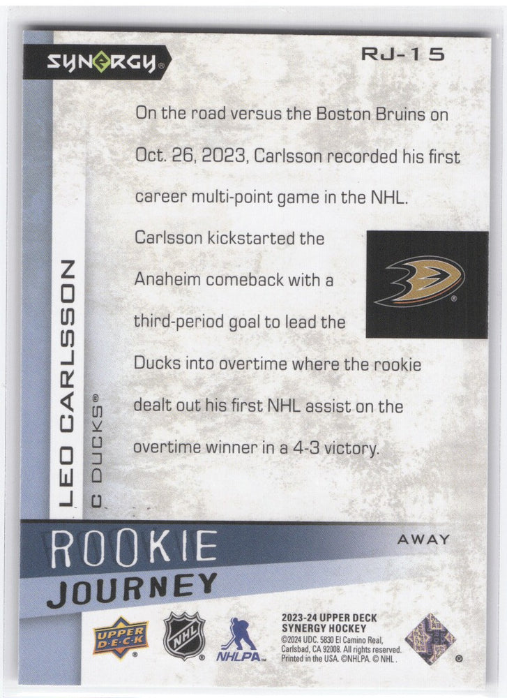 2023-24 Upper Deck Synergy Rookie Journey Rj-15 Rookie Rc Leo Carlsson /599