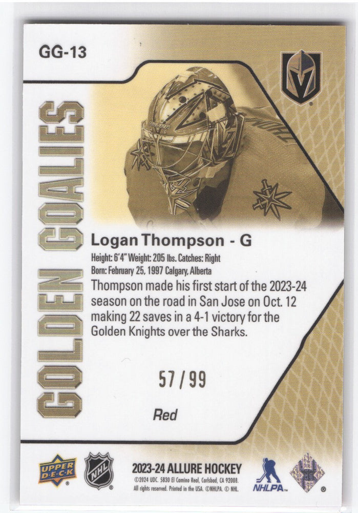2023-24 Upper Deck Allure Golden Goalies Red Gg-13 Logan Thompson /99