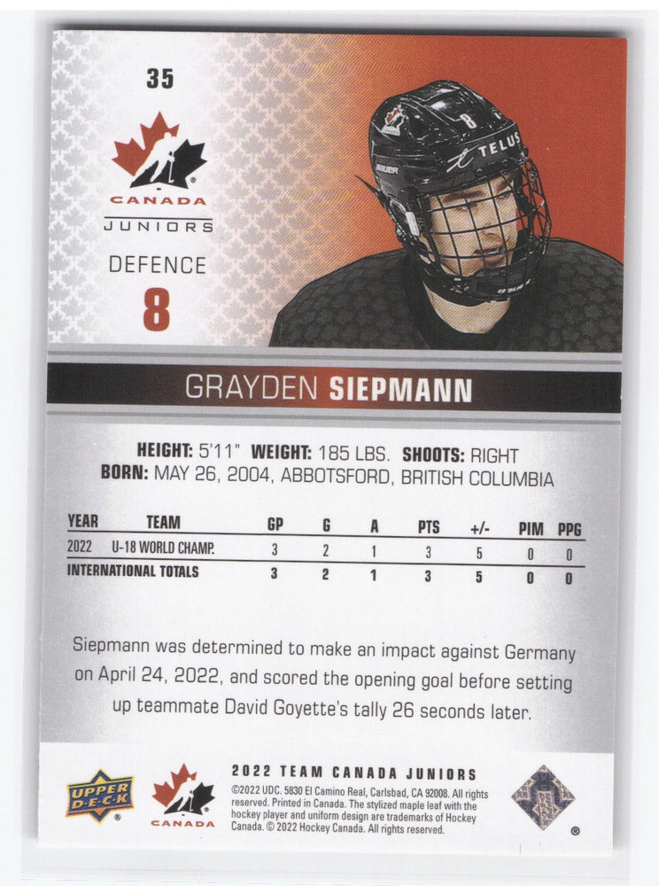 2022 Upper Deck Team Canada Juniors Gold Speckle #35 Grayden Siepmann /25