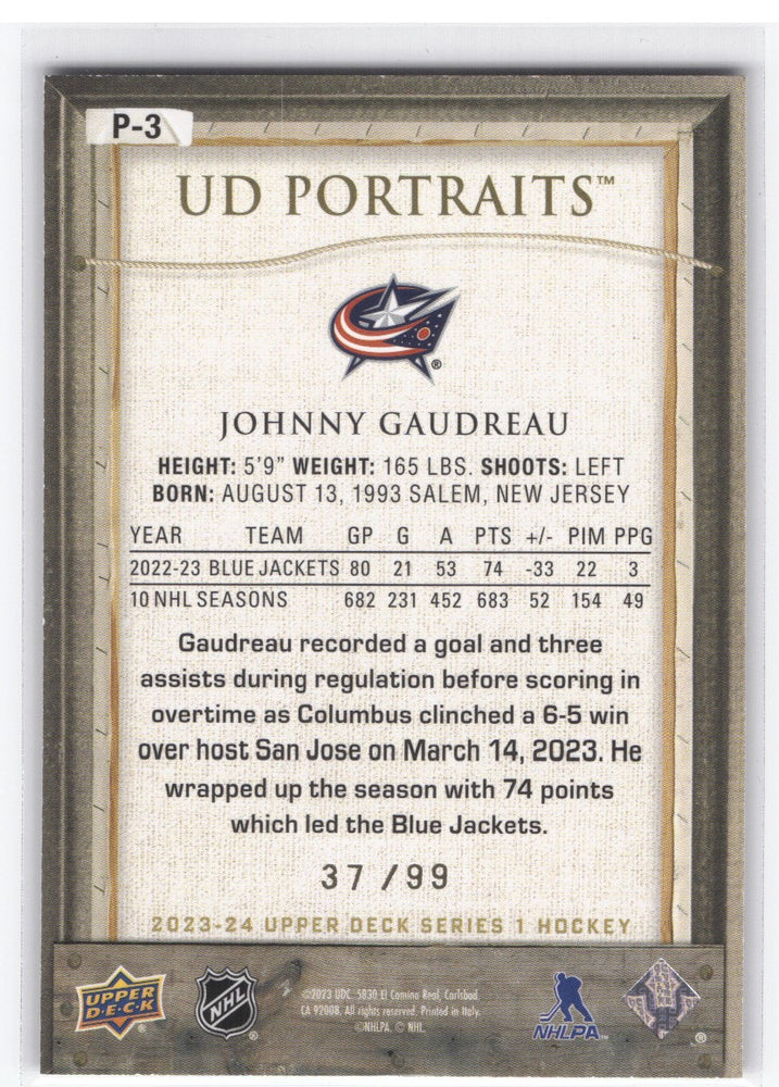 2023-24 Upper Deck Series 1 Ud Portraits Silver P-3 Johnny Gaudreau /99